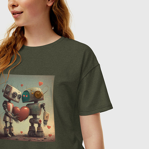 Женская футболка оверсайз Роботы с сердцем / Меланж-хаки – фото 3
