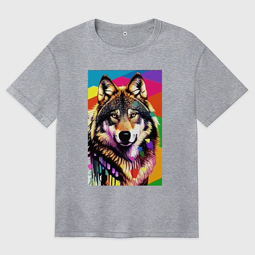 Женская футболка оверсайз Красочный волк - поп-арт - нейросеть / Меланж – фото 1