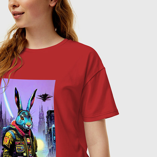 Женская футболка оверсайз Brave hare - cyberpunk - neural network / Красный – фото 3