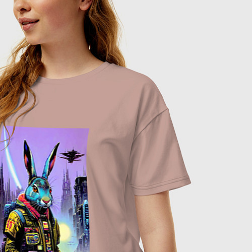 Женская футболка оверсайз Brave hare - cyberpunk - neural network / Пыльно-розовый – фото 3