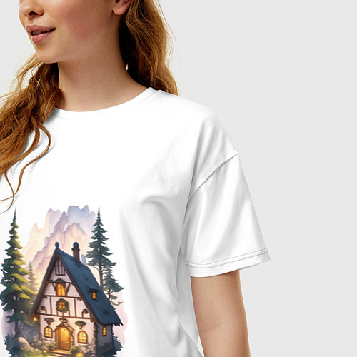 Женская футболка оверсайз Сказочный домик в лесу в горах / Белый – фото 3