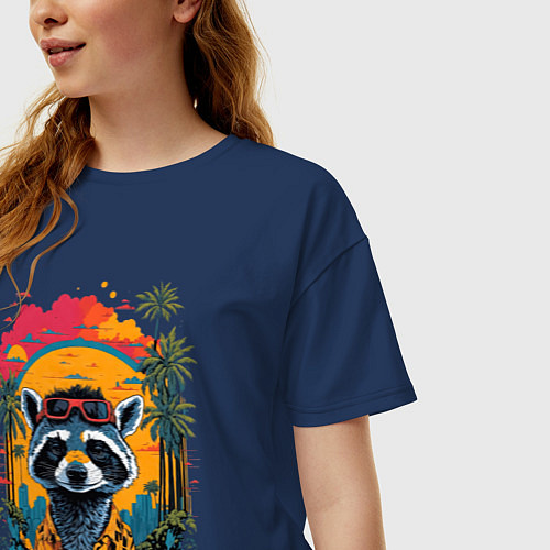 Женская футболка оверсайз Енот в Майами / Тёмно-синий – фото 3