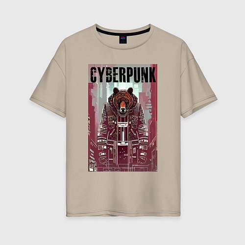 Женская футболка оверсайз Могучий медведь - киберпанк - нейросеть / Миндальный – фото 1