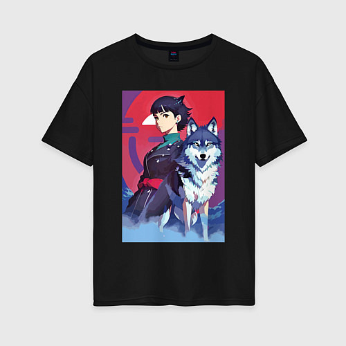 Женская футболка оверсайз Девочка со своим другом волком - аниме / Черный – фото 1