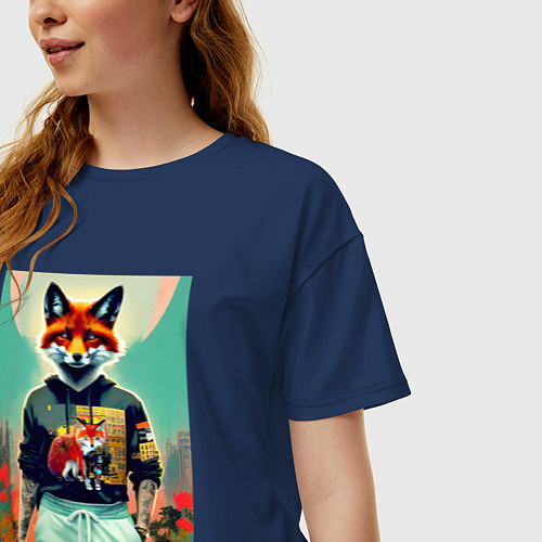 Женская футболка оверсайз Лис в татухах - спортсмен / Тёмно-синий – фото 3