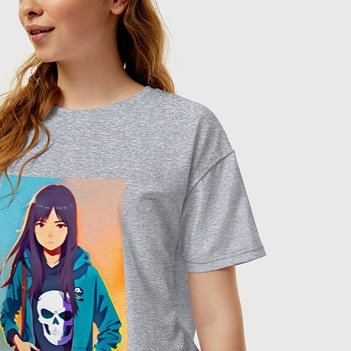 Женская футболка оверсайз Девчонка с черепом на одежде - аниме / Меланж – фото 3