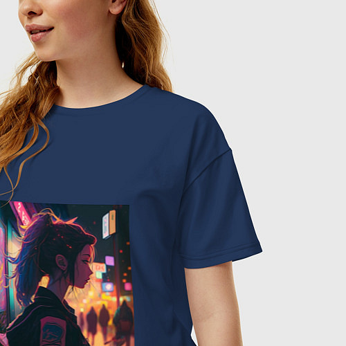 Женская футболка оверсайз Девушка в городе / Тёмно-синий – фото 3
