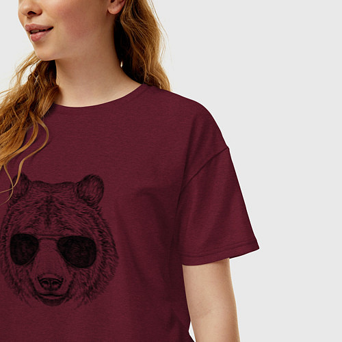 Женская футболка оверсайз Голова медведя в очках / Меланж-бордовый – фото 3