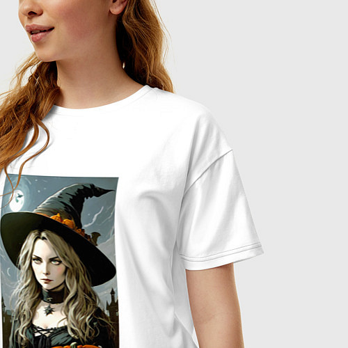 Женская футболка оверсайз Прекрасная ведьма с тыквой - хэллоуин / Белый – фото 3