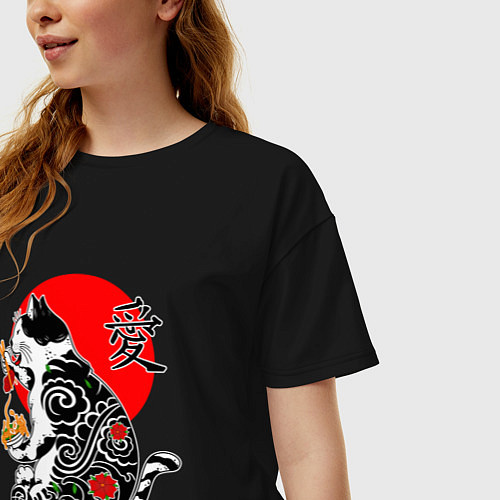 Женская футболка оверсайз Котик - якудза и иероглиф / Черный – фото 3