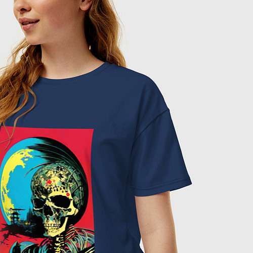Женская футболка оверсайз Череп на фоне луны - нейросеть - поп-арт / Тёмно-синий – фото 3