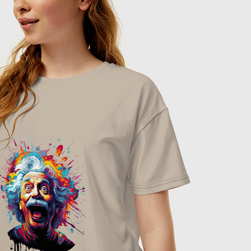 Женская футболка оверсайз Эйнштейн с языком в краске / Миндальный – фото 3