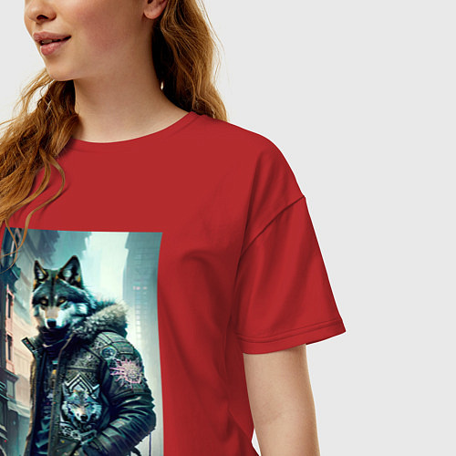 Женская футболка оверсайз Cool wolf - cyberpunk / Красный – фото 3