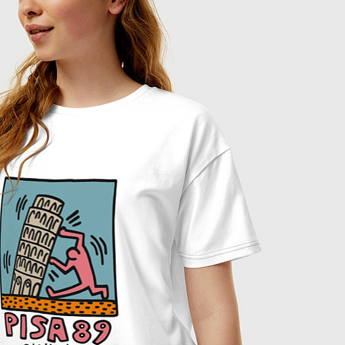 Женская футболка оверсайз Поп арт Кит Харинг - Пизанская башня / Белый – фото 3