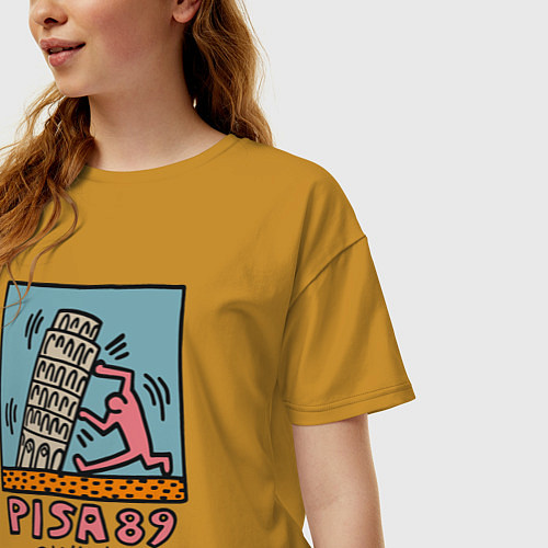 Женская футболка оверсайз Поп арт Кит Харинг - Пизанская башня / Горчичный – фото 3