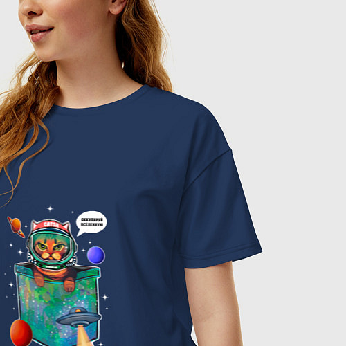 Женская футболка оверсайз Кот космонавт в кармане / Тёмно-синий – фото 3