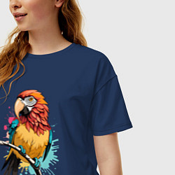 Футболка оверсайз женская Акварельный попугай, цвет: тёмно-синий — фото 2
