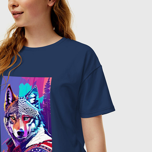 Женская футболка оверсайз Стилизованный волк - поп-арт / Тёмно-синий – фото 3