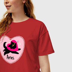 Футболка оверсайз женская Котик с сердечком - весы, цвет: красный — фото 2