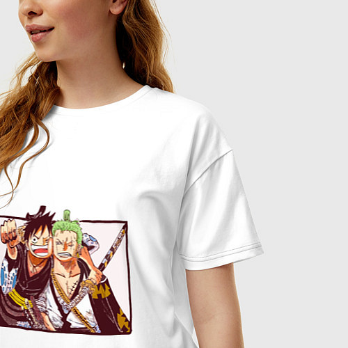 Женская футболка оверсайз Луффи и Ророноа Зоро - Ван пис / Белый – фото 3
