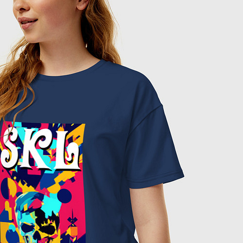Женская футболка оверсайз Funny skull - pop art - neural network / Тёмно-синий – фото 3