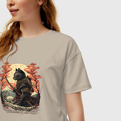 Женская футболка оверсайз Японский самурайский кот / Миндальный – фото 3