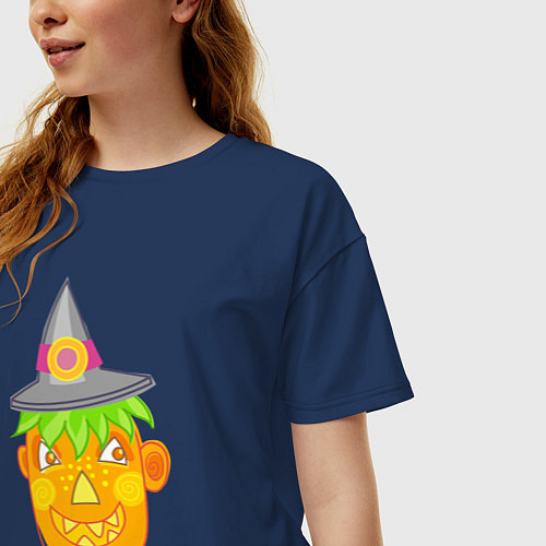 Женская футболка оверсайз Веселая тыква в шляпе: для вечеринки на Хэллоуин / Тёмно-синий – фото 3