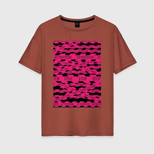 Женская футболка оверсайз Розовая стоп лента Абстракция с заградительной лен / Кирпичный – фото 1