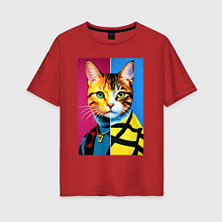 Футболка оверсайз женская Портрет модного кота - поп-арт, цвет: красный