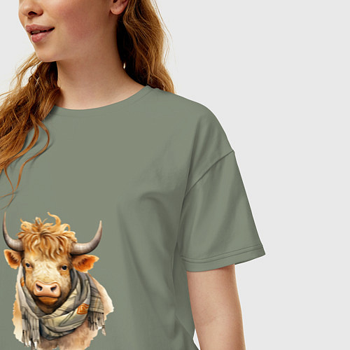 Женская футболка оверсайз Бык в шарфе / Авокадо – фото 3