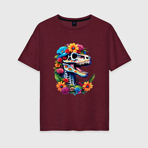 Женская футболка оверсайз Череп тираннозавра с яркими цветами, мексиканский / Меланж-бордовый – фото 1