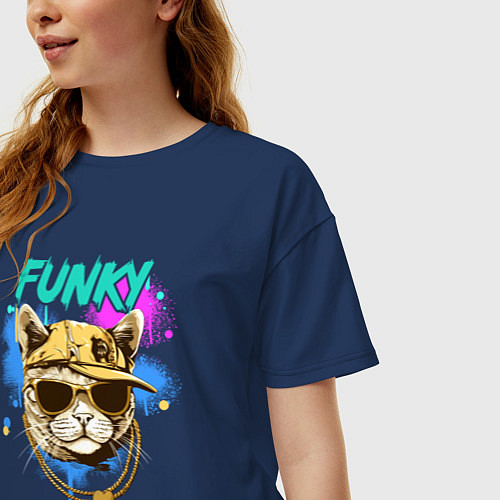 Женская футболка оверсайз Кот рэпер: funky - AI art / Тёмно-синий – фото 3