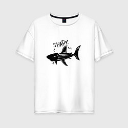 Футболка оверсайз женская Трайбл акула с надписью shark, цвет: белый
