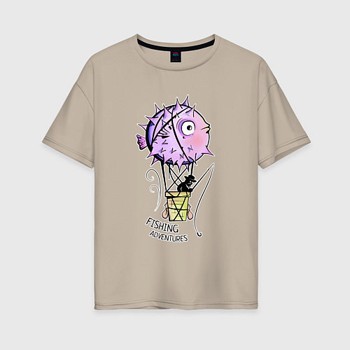 Женская футболка оверсайз Воздушный шар из рыбы фугу и рыбак с удочкой / Миндальный – фото 1