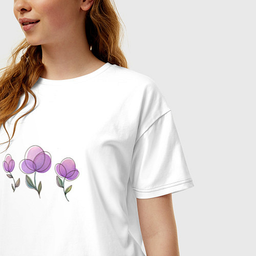 Женская футболка оверсайз Акварельные сиреневые цветы / Белый – фото 3