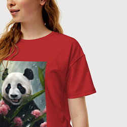 Футболка оверсайз женская Панда в цветах под дождём - нейросеть, цвет: красный — фото 2