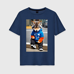 Футболка оверсайз женская Уличный волчонок-хулиган - нейросеть, цвет: тёмно-синий
