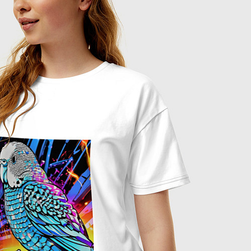 Женская футболка оверсайз Волнистый синий попугай / Белый – фото 3