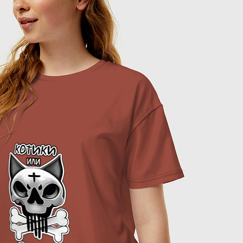 Женская футболка оверсайз Котики или смерть череп кота / Кирпичный – фото 3