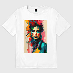 Футболка оверсайз женская МоМо - женщина в красном шарфе, цвет: белый