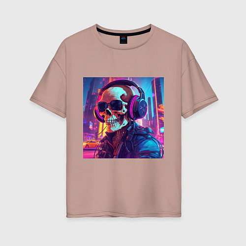 Женская футболка оверсайз Скелет в темных очках / Пыльно-розовый – фото 1