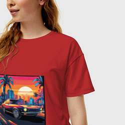 Футболка оверсайз женская Ретро машина и футуристический город на закате, цвет: красный — фото 2