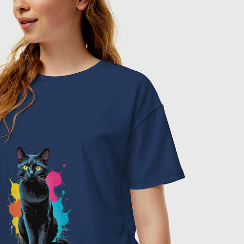 Женская футболка оверсайз Кошка яркая грациозность / Тёмно-синий – фото 3