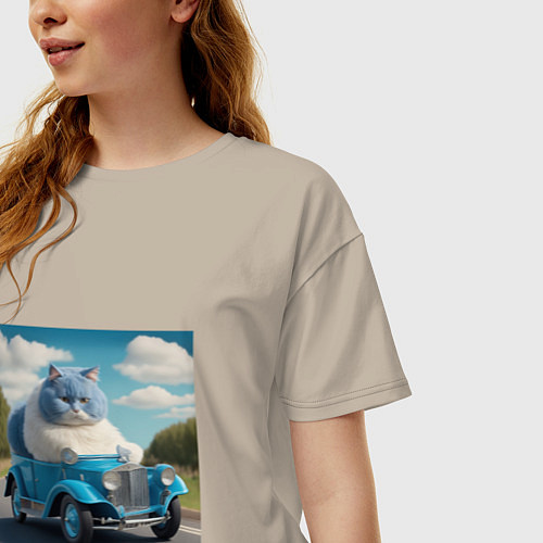 Женская футболка оверсайз Толстый голубой котик винтажный стиль / Миндальный – фото 3