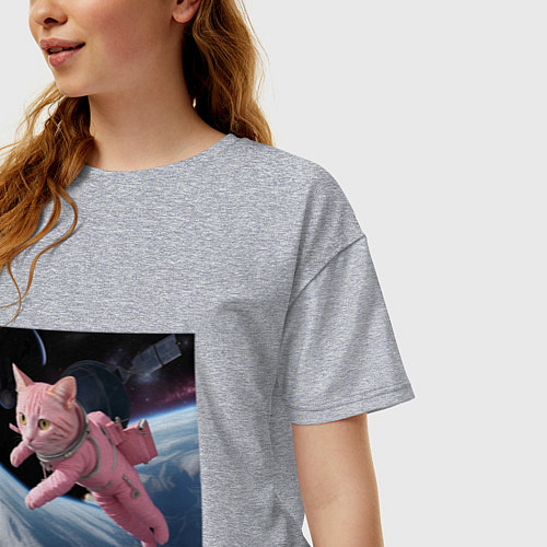 Женская футболка оверсайз Котик pink астронавт / Меланж – фото 3