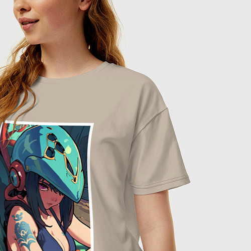 Женская футболка оверсайз Аниме девушка в шлеме / Миндальный – фото 3
