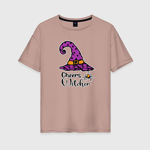 Женская футболка оверсайз Cheers witcher твое здоровье, ведьмак шляпа и паук / Пыльно-розовый – фото 1