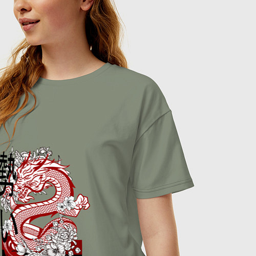 Женская футболка оверсайз Татуировка с японским иероглифом и драконом / Авокадо – фото 3