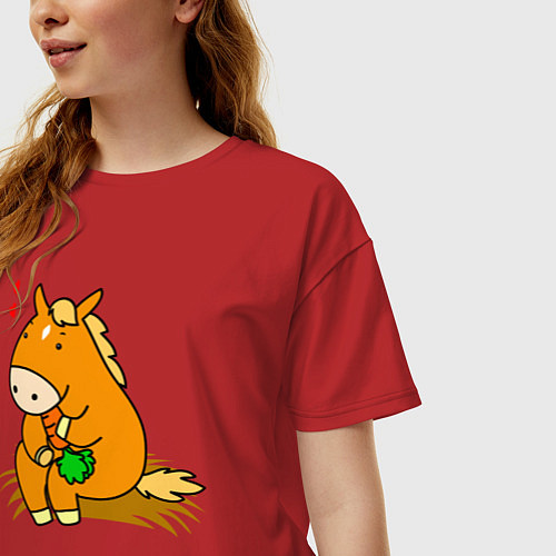 Женская футболка оверсайз Лошадка ест морковку / Красный – фото 3