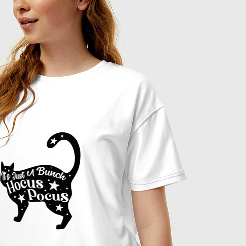 Женская футболка оверсайз Черный кот хэллоуин звезды / Белый – фото 3